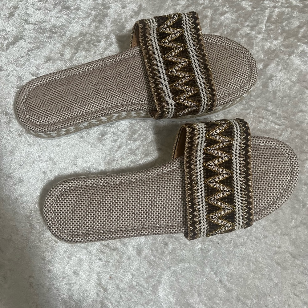 Tan, Brown, and Golden Platform Sandals Size 9.5